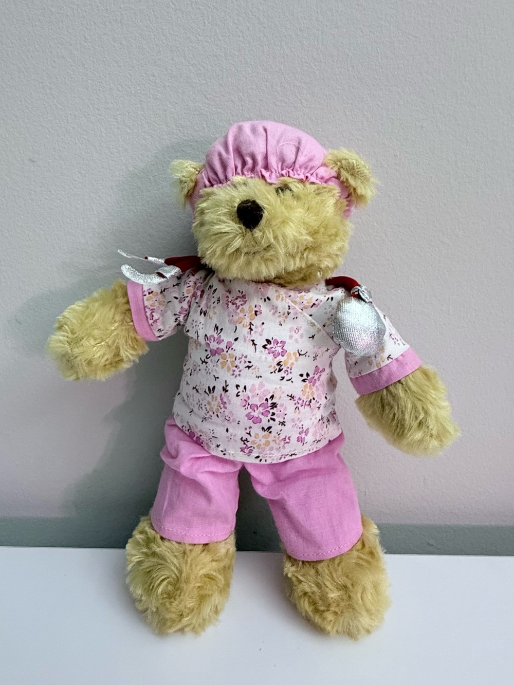 Plushland Nurse Teddy Bear Plush Pink Floral Scrubs Doctor Outfit Used